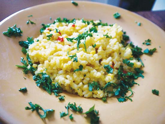 
The rich corn flavor in this risotto comes from both the broth and the sweet corn kernels folded in.

